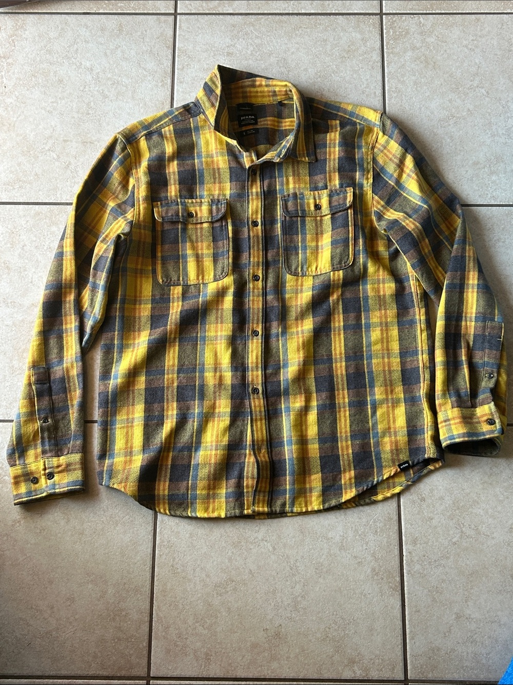 prAna Westbrook Flannel Shirt Mens Large Sunray Yellow Gold Plaid Long Sleeve